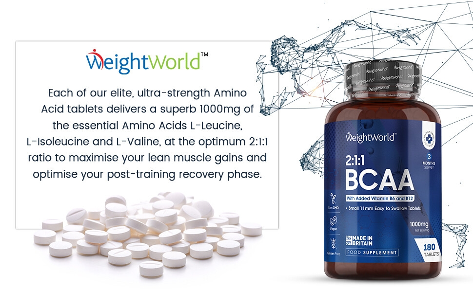 BCAA 1000 mg - 180 vegan tablets - 3 months supply - branched chain essential amino acids L-leucine, L-isoleucine, L-valine with 250 mcg vitamin B12 & 1.4 mg vitamin B6 - sports