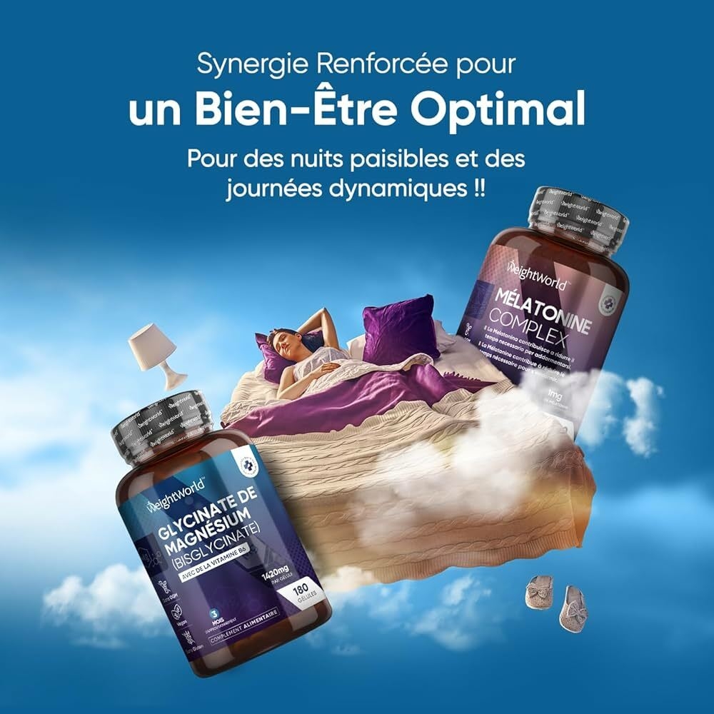Magnésium Glycinate (Magnesium Bisglycinate) + Vitamine B6 Haute Dose 1420  mg, 180 Gélules Vegan 3 Mois - Fatigue, Stress, Équilibre Hormonal - ...