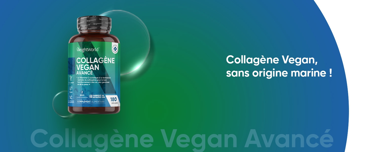 Le texte indique « Collagène Vegan Avancé ». Flacons de produits contenant du liquide teinté en vert sur fond bleu sur des photos marketing professionnelles.