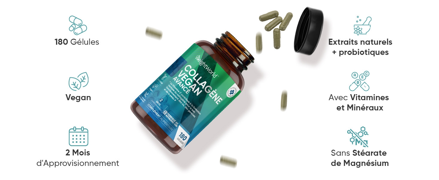 Grille de produits montrant les bouteilles de suppléments avec des icônes. Le texte inclut « 180 gélules », « végétalien », « 2 mois », « Extraits naturels probiotiques », « Sans stéarate de magnésium ». Les flacons de suppléments verts et bleus sont affichés.