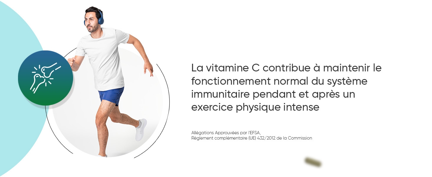Le texte se lit comme suit : « La vitamine C contribue à maintenir le fonctionnement normal du système immunitaire pendant et après un exercice physique intense ». Infographie liée à la santé avec figure illustrée en mouvement.