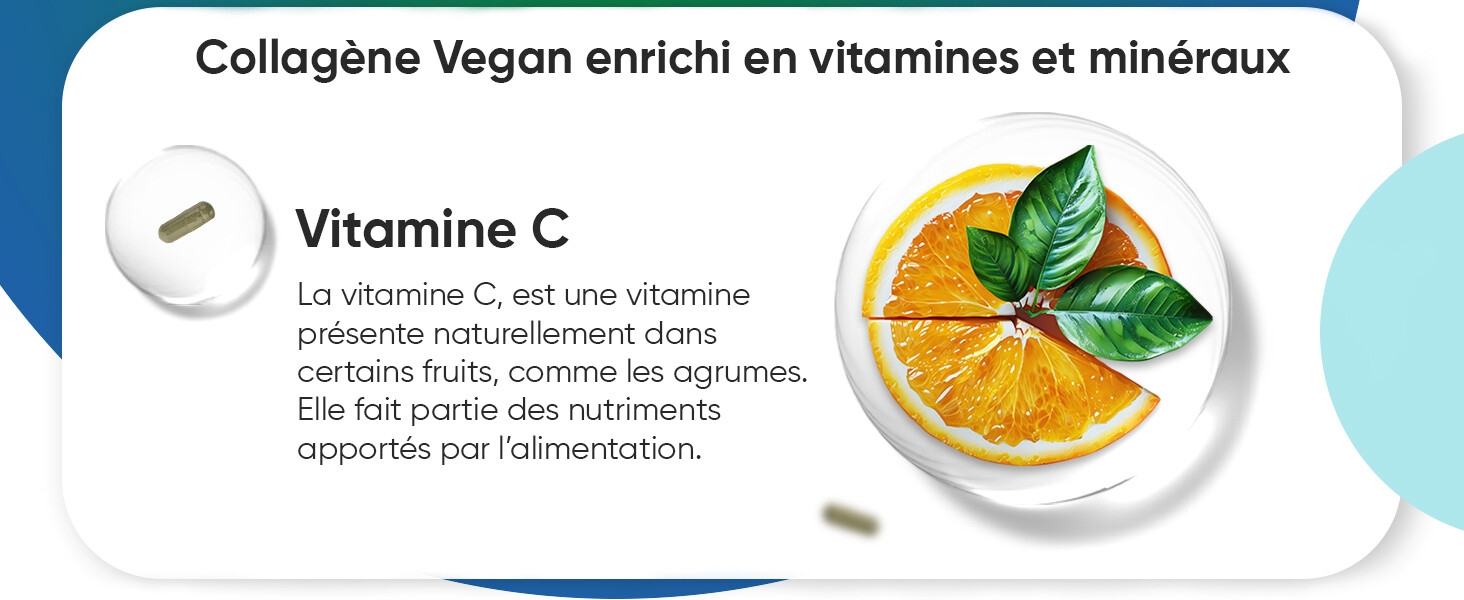 Le texte indique « Collagène végétalien enrichi en vitamines et minéraux » et « Vitamine C ». Infographie présentant des informations sur les suppléments vitaminiques avec des images alimentaires.