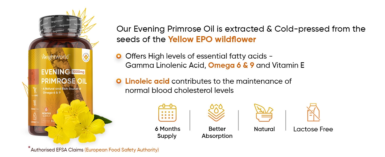 Evening Primrose Oil 1000mg (Cold Pressed) - 6 Month Supply - 604mg Omega 6 Fatty Acids & 101mg GLA