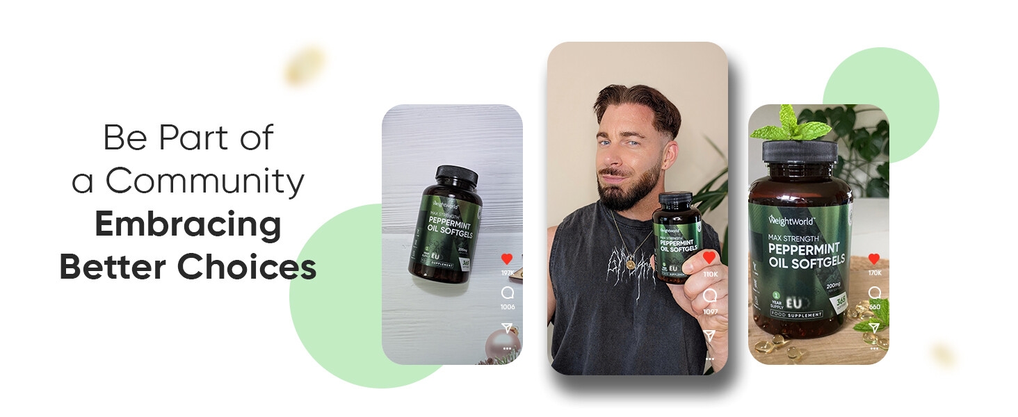 Text reads 'Be Part of a Community Embracing Better Choices'. Product advertisement showing supplement bottles with a person gesturing between them against a background with green circular elements.