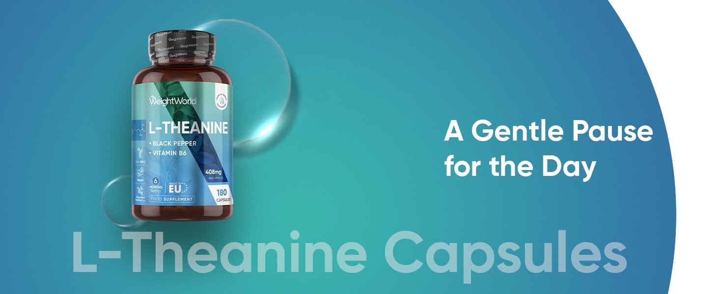 Text reads: 'L-theanine Capsules' and 'A Gentle Pause for the Day'. Product image shows brown supplement bottle against turquoise background.