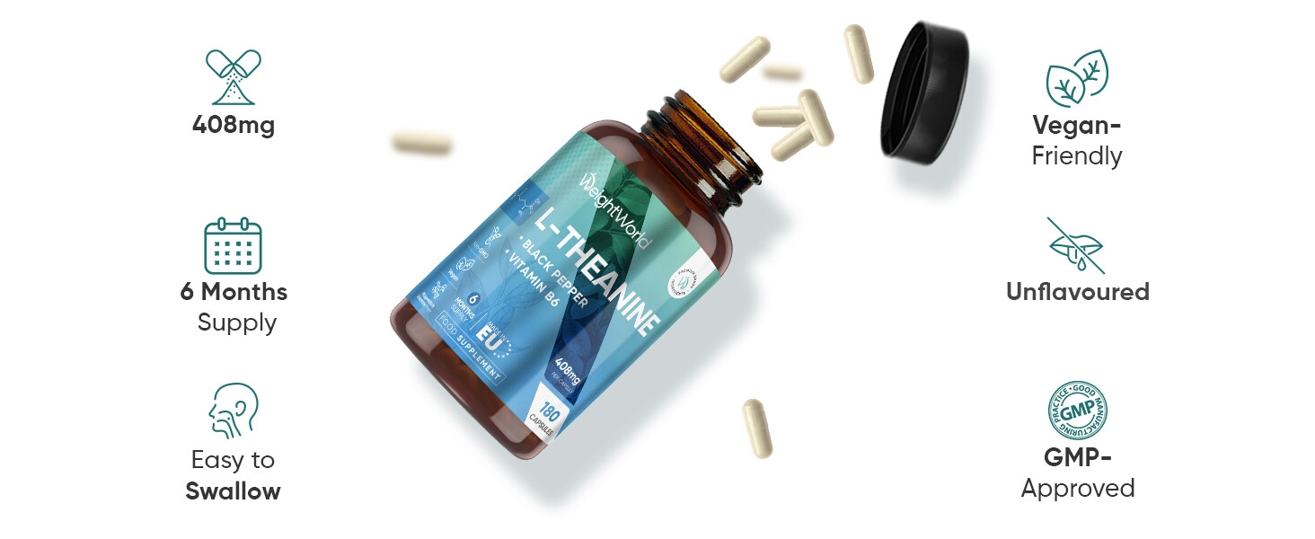 Product features shown with icons: '408mg', 'Vegan-Friendly', 'Unflavoured', '6 Months Supply', 'Easy to Swallow', 'GMP-Approved'. Amber glass bottle with blue label visible.