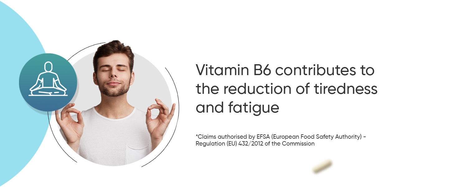 Text reads 'Vitamin B6 contributes to the reduction of tiredness and fatigue'. Health supplement promotional image with benefit messaging.