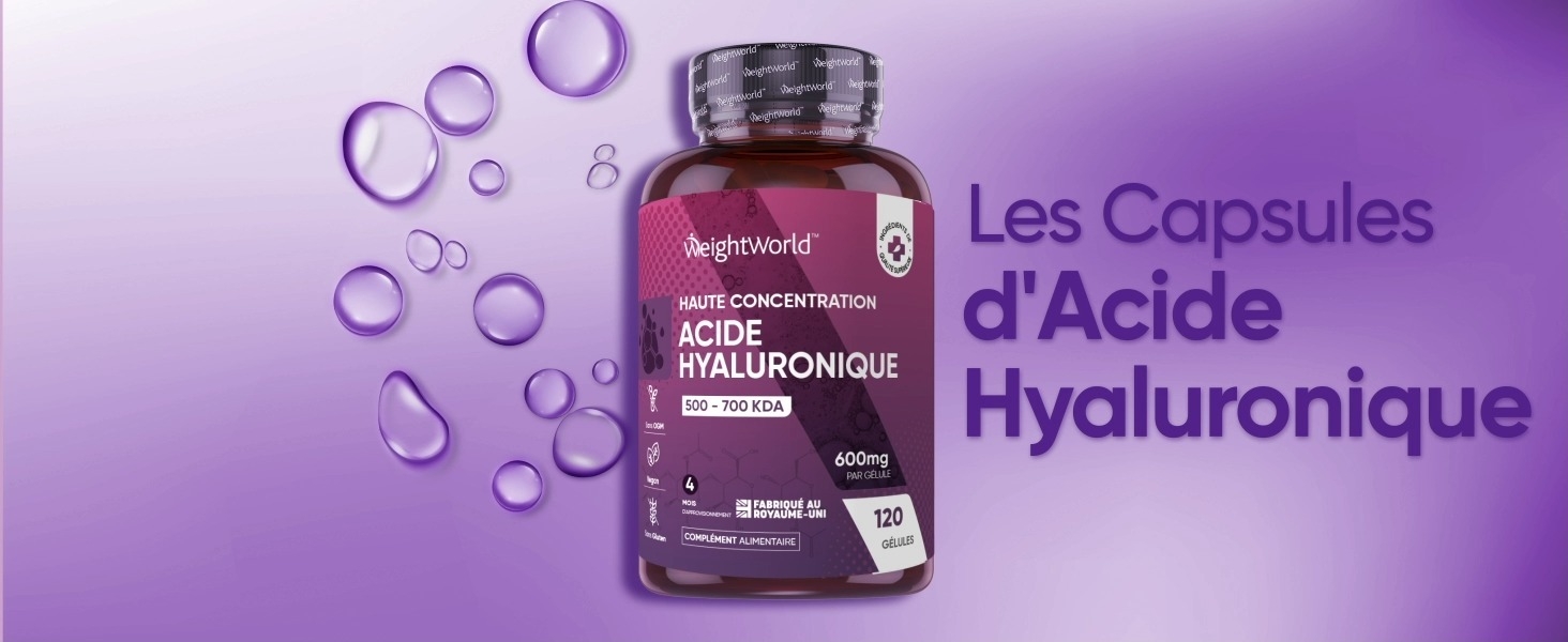Acide Hyaluronique en Gélules 600mg Par Portion, 120 Gélules Vegan (4 Mois)  - Acide Hyaluronique Pur Avec 500-700 kDa - Sous forme d'Hyaluronate de  Sodium - Dosage Élevé Pour Votre Routine Beauté :