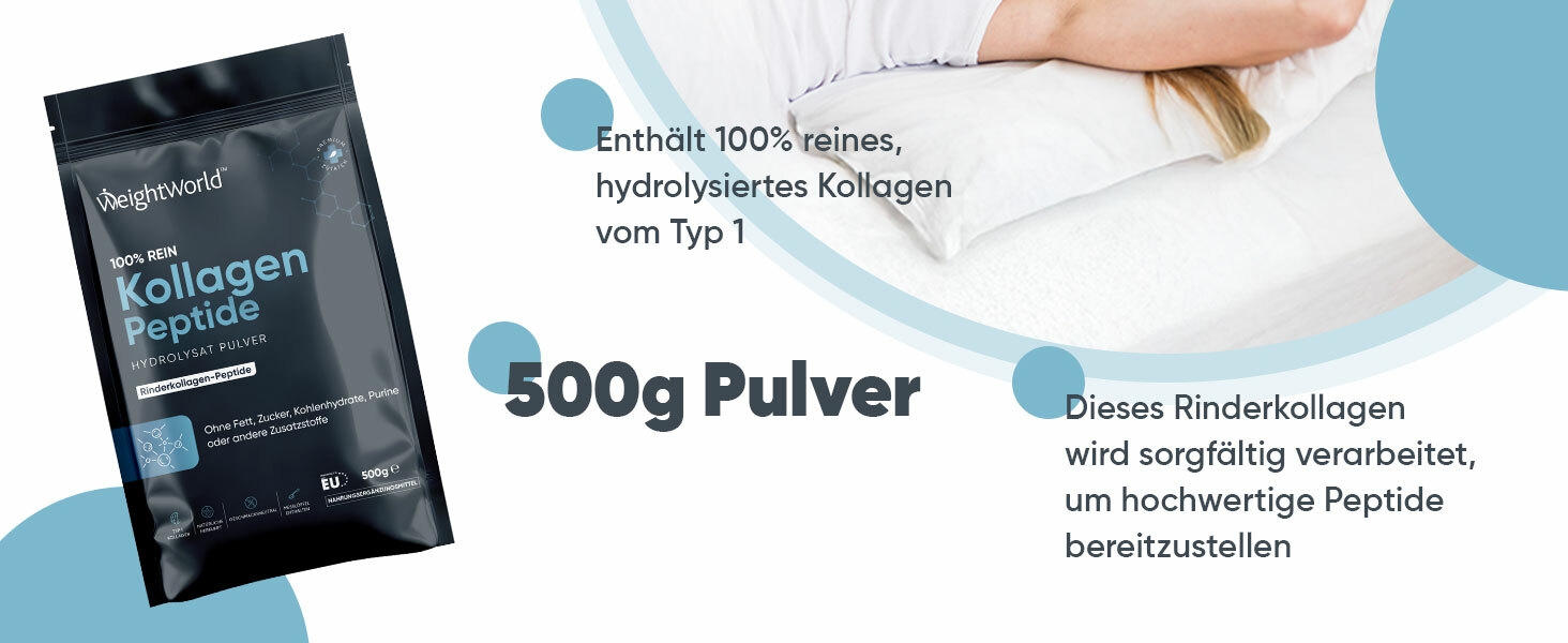 reine Kollagenpulver enthält 500g hydrolysierte Kollagenpeptide. Dieses geschmacksneutrale Pulver