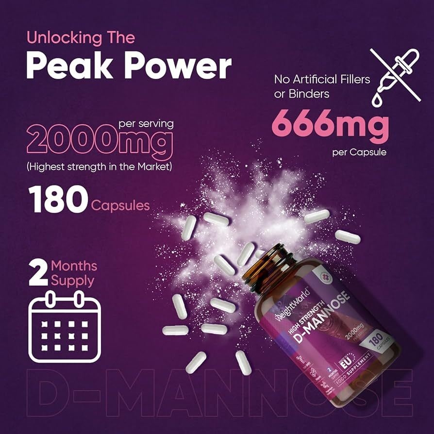 High Strength Pure D Mannose Capsules 2000mg - 180 Naturally Sourced D Mannose Capsules (Not D Mannose Tablets or D Mannose Powder) - Additives-Free & Vegan - 2 Months Supply - 666mg