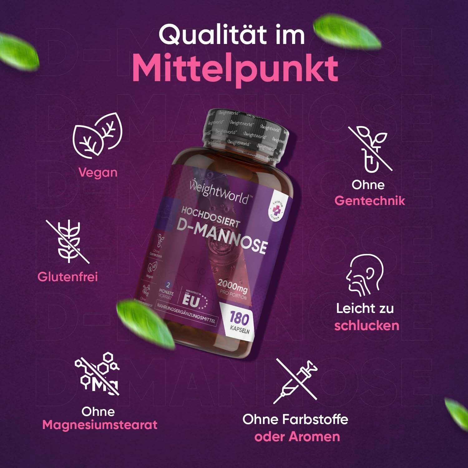D-Mannose Kapseln 2000mg pro Tagesdosis - 180 Stück - 100% Vegan & Ohne Magnesiumstearat - Alternative zu D-Mannose Pulver & Cranberry Kapseln/Tabletten - Nahrungsergänzungsmittel von WeightWorld : Amazon.de: Drogerie & Körperpflege