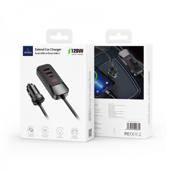 Chargeur de voiture extensible WIWU DOUBLE USB-A + DOUBLE USB-C 120 W - NOIR
