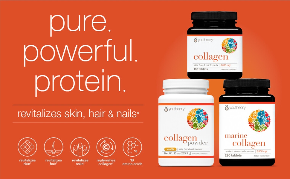 Amazon.com: Youtheory Collagen with Vitamin C, Advanced Hydrolyzed Formula  for Optimal Absorption, Skin, Hair, Nails and Joint Support, 120 Supplements