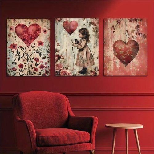 Tableau décoratif lot de 3 cœurs romantiques style vintage rouge et fleurs pour salon et chambre