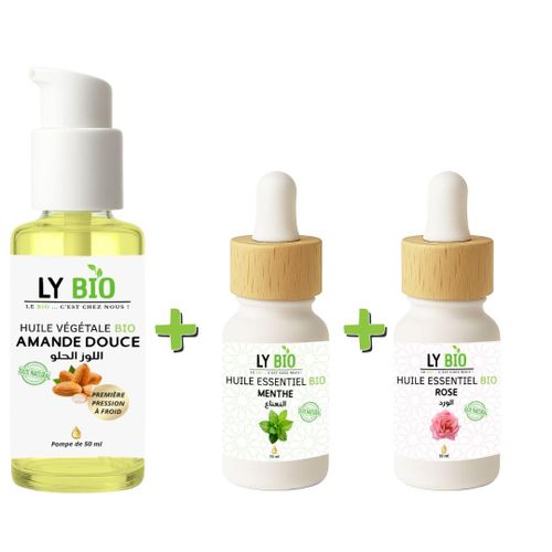 PACK HUILE AMANDE DOUCE 50ml - POMPE + HUILE ESSENTIEL MENTHE 10ML + HUILE ESSENTIEL ROSE 10ML