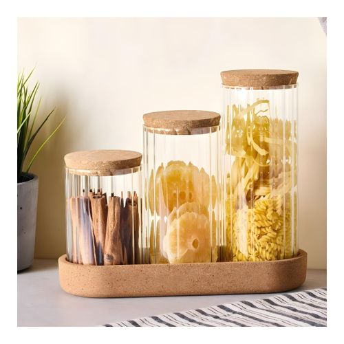 Ensemble de 3 Bocaux de Conservation en Verre Strié avec Couvercles en Liège et Plateau - Rangement Cuisine pour Pâtes, Épices et Aliments Secs