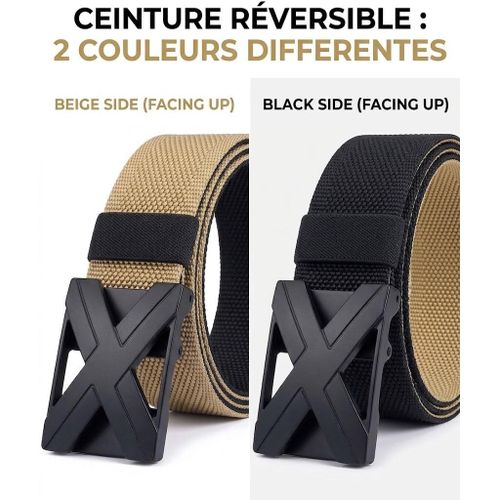 Ceinture Réversible Homme 2 Couleurs – Noir & Beige, Ceinture Tressée Élastique Ajustable avec Boucle Automatique Sans Trou, Ceinture Casual Élégante et Polyvalente pour Pantalon, Jean et Tenue Quotidienne