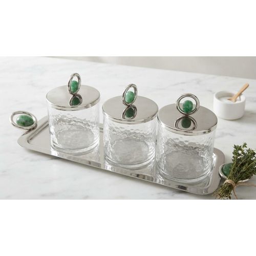 Presentoir plateau 44x13 cm &s en verre avec couvercle inox - Finition Martelée et Pierre Verte