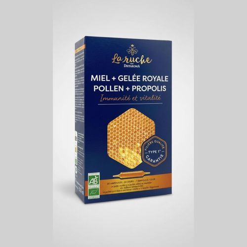 Miel, Gelée Royale, Poudre florale, Propolis - Immunité et Vitalité - 20 Ampoules