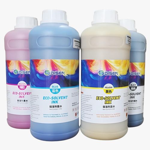Pack 4 bouteilles Encre Éco-Solvant Premium Disen 1L (Cyan, Magenta, Jaune, Noir) pour Têtes Epson DX5 / XP600 / i3200
