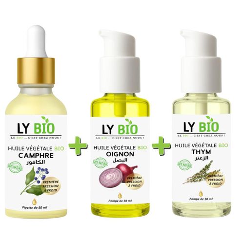 PACK HUILE CAMPHREE 50ML - PIPETTE HUILE OIGNON 50ML - POMPE HUILE THYM 50ML - POMPE