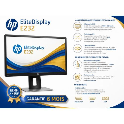 Ecran E232 EliteDisplay Full HD, soit 1920 x 1080 pixels - Remis a Neuf