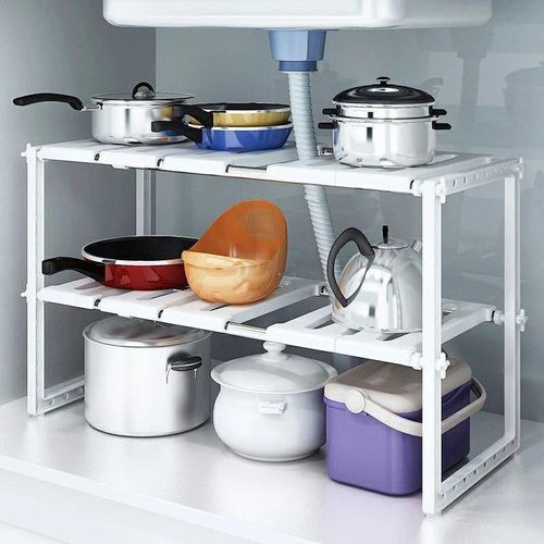 Etagere sous evier extensible et modulable 2 niveaux pour rangement cuisine et salle de bain, Organiseur de meuble sous evier ajustable en longueur et hauteur, Support de rangement sous evier a panneaux amovibles pour tuyau