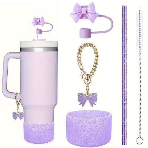Kit Accessoires Gobelet 5 Pièces Violet – Paille, Embout Nœud, Housse Silicone & Brosse de Nettoyage (0,9L–1,2L)