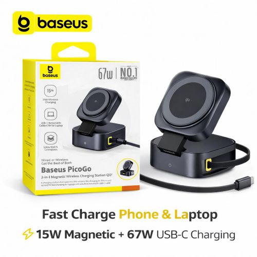 PicoGo Chargeur Magnétique Qi2 15W + 67W USB-C – Station de Charge 2-en-1 MagSafe avec Câble Rétractable – Support Sans Fil pour iPhone, MacBook, Samsung & Laptop