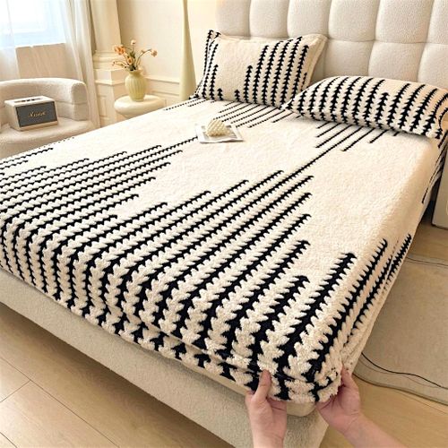 Ensemble Parure de Lit Polaire Cationique Épaisse drap housse 200x160 cm + 2 Taies d’Oreiller 70x50 cm Chaud, Ultra Doux avec Motif 3D