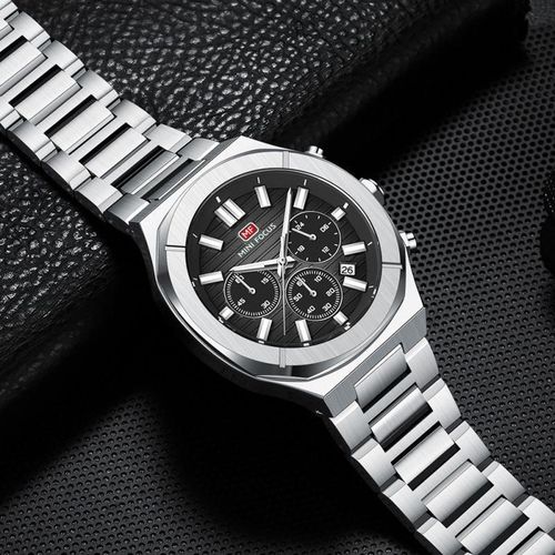 Montre Luxe Homme Chronographe Boîtier Rond Poli Bracelet Acier Bicolore Noir et Argenté – Série Prestige