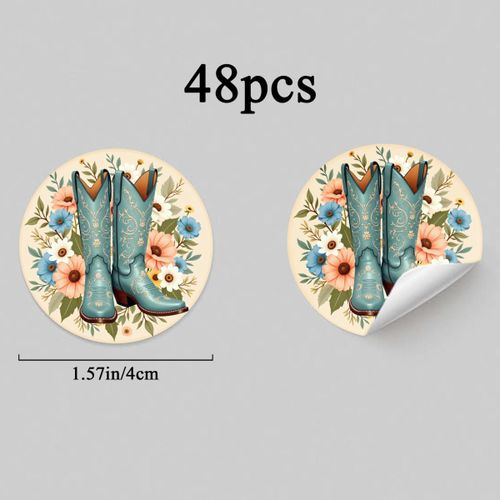 24pcs/48pcs Stickers Bottes de Cowboy Western Couleur Turquoise Motif Floral avec Fleurs Bleues et Pêches pour Décorations de Fête et Projets d'Artisanat