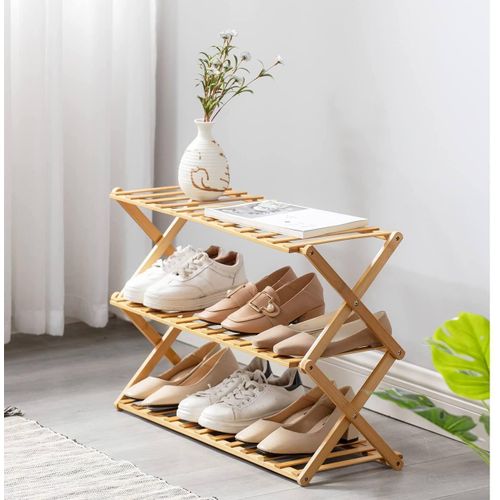 Étagère à Chaussures Pliable en Bambou Naturel 3 Niveaux – Meuble de Rangement Chaussures & Plantes Sans Montage