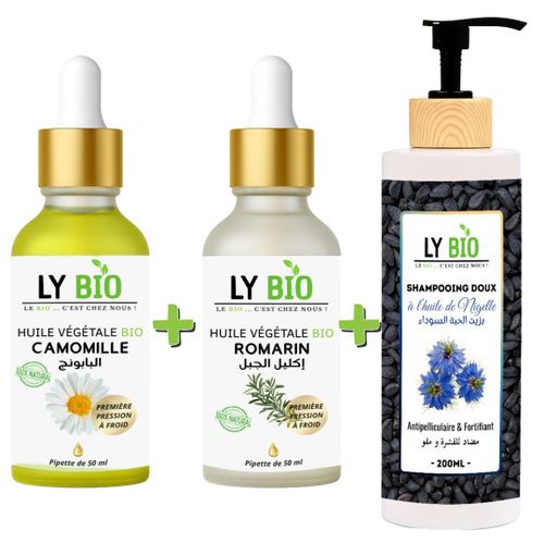PACK HUILE CAMOMILLE 50ML - PIPETTE + HUILE ROMARIN 50ml - PIPETTE + SHAMPOOING A L'HUILE DE NIGELLE 200ML