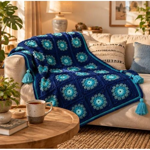 Plaid Fait Main au Crochet – Motif Fleurs Turquoise sur Fond Bleu Marine (165 × 100 cm) avec Pompons