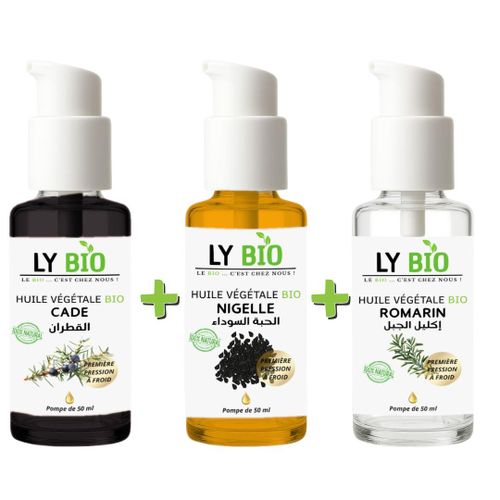 PACK HUILE CADE 50ML - POMPE HUILE NIGELLE 50ML - POMPE HUILE ROMARIN 50ml - POMPE