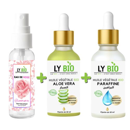 مجموعة ماء الورد LYBIO 100 مل + زيت الألو vera 50 مل - قطارة + زيت البرافين 50 مل - قطارة