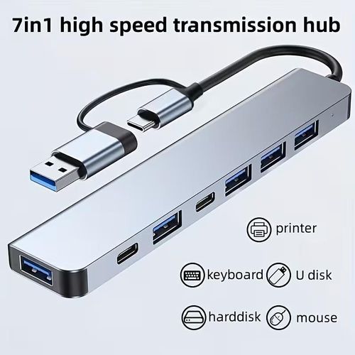 Hub USB C 3.0 7-en-1, Mode d'alimentation 5V, Compatible avec Tablette, Interface USB, Transfert de données haute vitesse, 7 ports pour Imprimante, Clavier, Clé USB, Disque dur, Souris, et plus, Hub USB durable et fiable pour une utilisation quotidienne