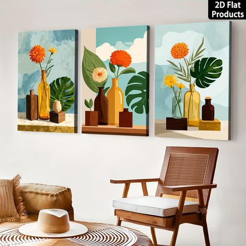 Tableau Mural Art Botanique Vases en Verre, Fleurs Orange et Feuilles Monstera Bleu Ciel Triptyque 3 Pièces 60 x 40 cm - Toile Canvas HD sur Châssis Bois