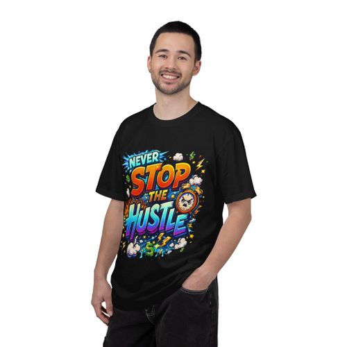 T-shirt NOIR Never Stop The Hustle – Libérez Votre Énergie et Votre Détermination BLACK COLORS– 100% Coton Premium unisex