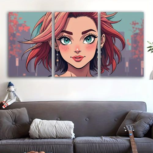 Tableau Mural Illustration Fille Anime Manga 3 Pièces 60 x 40 cm - Toile Canvas HD - Style Pop Art & BD Moderne - Décoration Salon Chambre Ado Bureau - Châssis en Bois