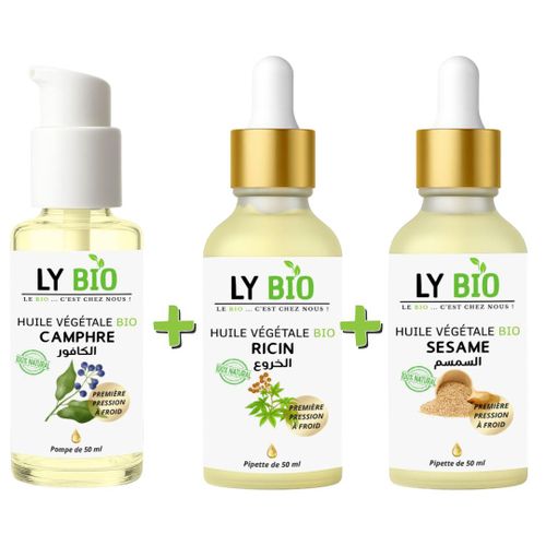 PACK HUILE CAMPHREE 50ML - POMPE HUILE RICIN 50ml - PIPETTE HUILE SESAME 50ml - PIPETTE