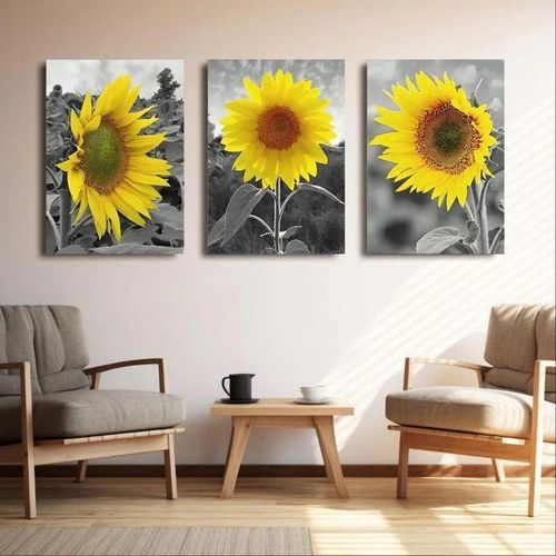 Set de 3 Tableaux Tournesols Jaunes sur Fond Noir et Blanc – Impression sur Toile pour Décoration Murale du Salon