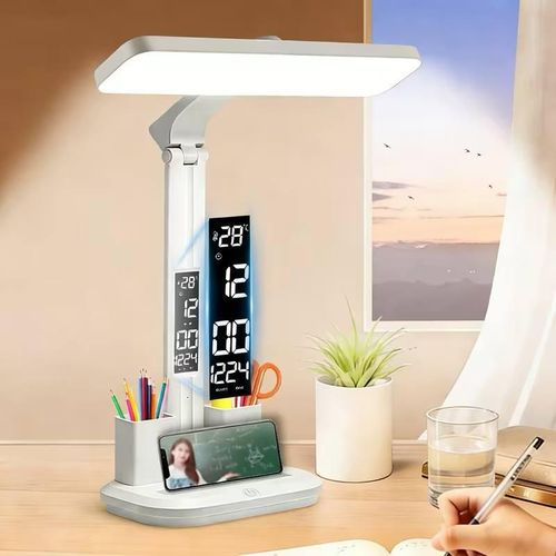 Lampe De Bureau LED Multifonction - Écran LCD Horloge Thermomètre Alarme - Porte-Crayons & Support Téléphone - Blanc