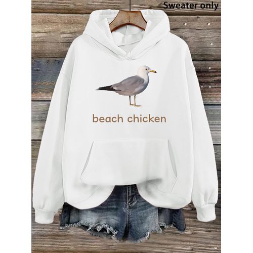 Sweat à capuche oversize pour femmes Beach Chicken - Sweat à manches longues avec poches, imprimé mouette beige et blanc, vêtement d'hiver confortable et décontracté pour automne/hiver, tenue de plage amusante (lavable en machine)