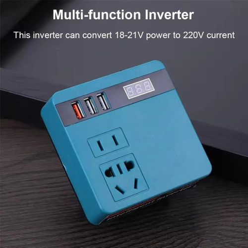 Convertisseur Onduleur de batterie multifonction, 21 V vers 220 V CA, protections multiples et affichage de la tension.