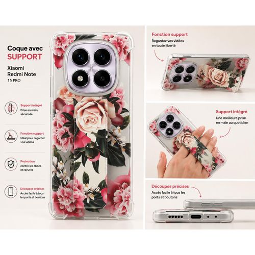 Coque pochette style fashion pour Xiaomi Redmi note 15 pro 5G avec motif floral et sangle+ support intégré
