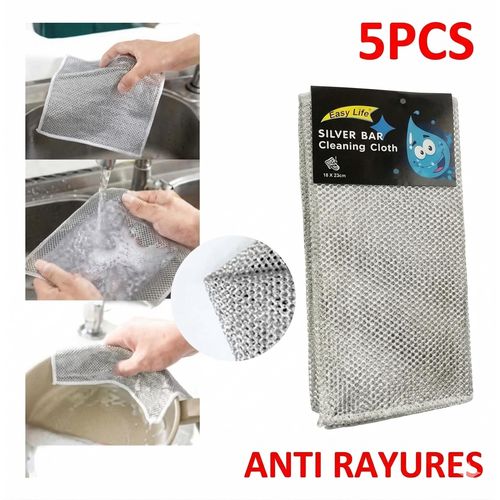 Lot 5 Chiffons Nettoyants Métalliques Silver Bar Éponge Réutilisable Ultra Résistante en Fil dArgent Anti-Graisse Puissant Nettoyage Cuisine Vaisselle Casseroles Poêles Évier Dégraissant Intensif Anti-Rayures Multi-Usage Haute Performance