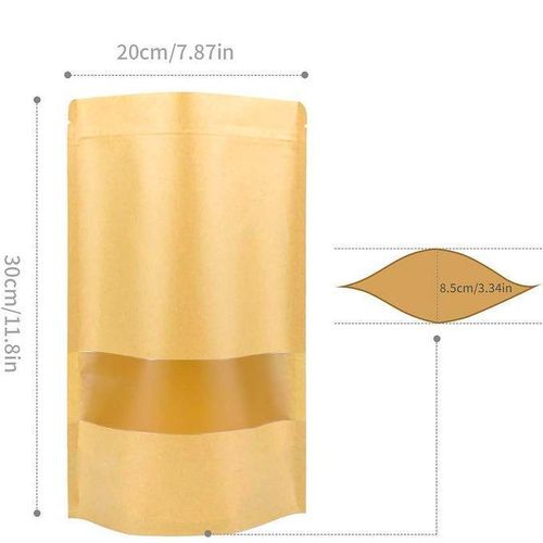 Lot de 15 Sachet kraft Alimentaire avec Fenetre, 20×30CM Zip Réutilisables, Imperméable Sac Kraft