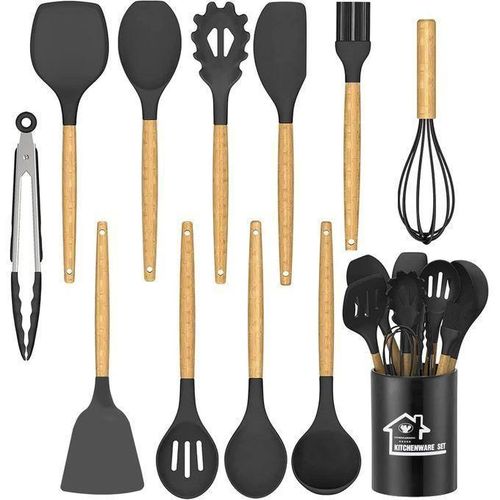 Set de Cuisine Moderne , 12 Ustensiles en Silicone avec Poignées en Bois